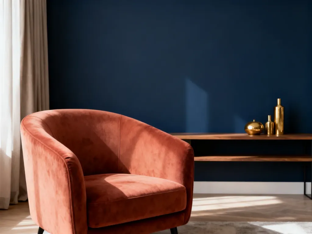 Nowoczesny salon z granatową ścianą akcentową, zestawioną z fotelem w kolorze terakoty i złotymi dodatkami.